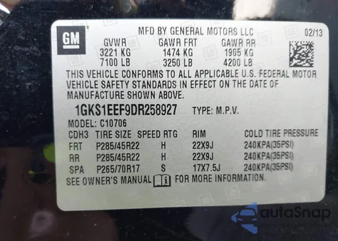 2013 GMC Yukon Denali из США, поврежденный, VIN 1GKS1EEF9DR258927